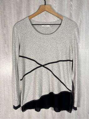 OST New York Cotton Cashmere Gray Geometric Sweater Chiffon Trim Sz L